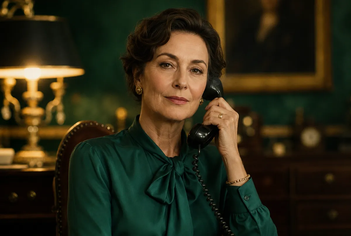 Selbstbewusste elegante reife Frau mit Telefon, Smaragd-Gold-Licht