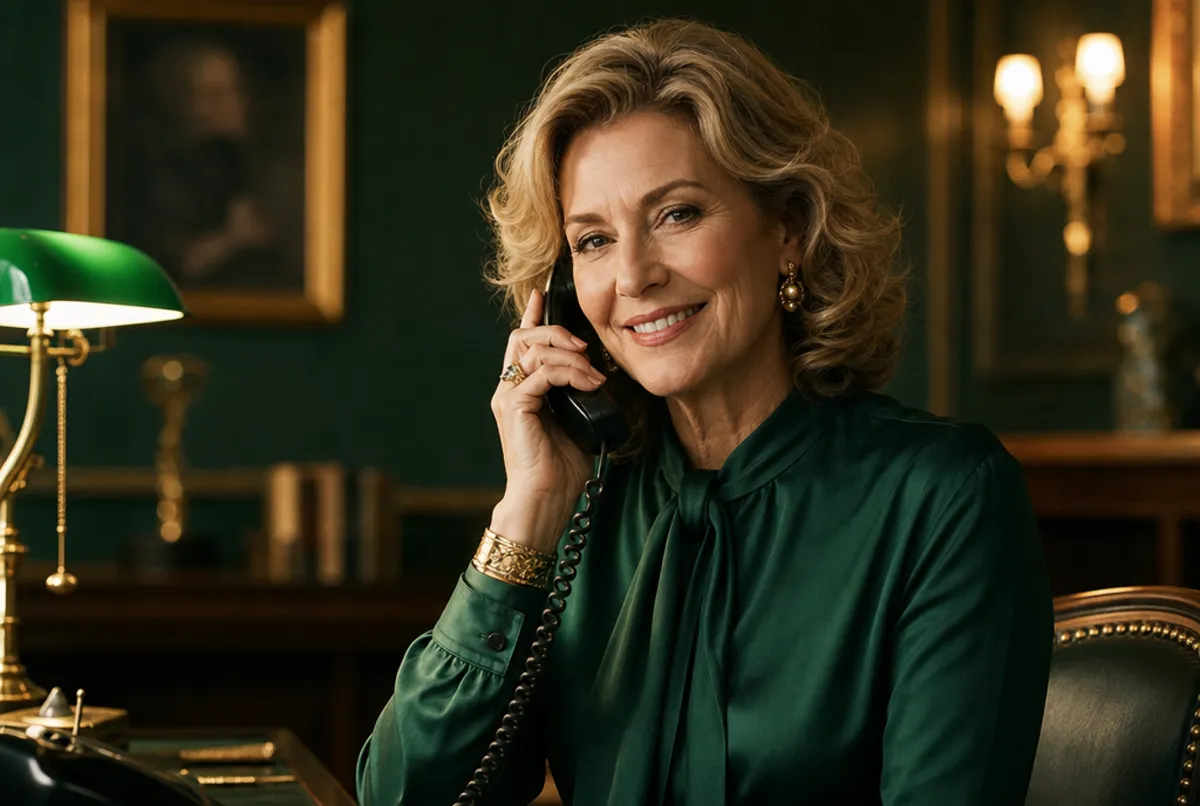Attraktive elegante reife Frau mit warmem L&auml;cheln am Telefon, Emerald-Gold-Licht